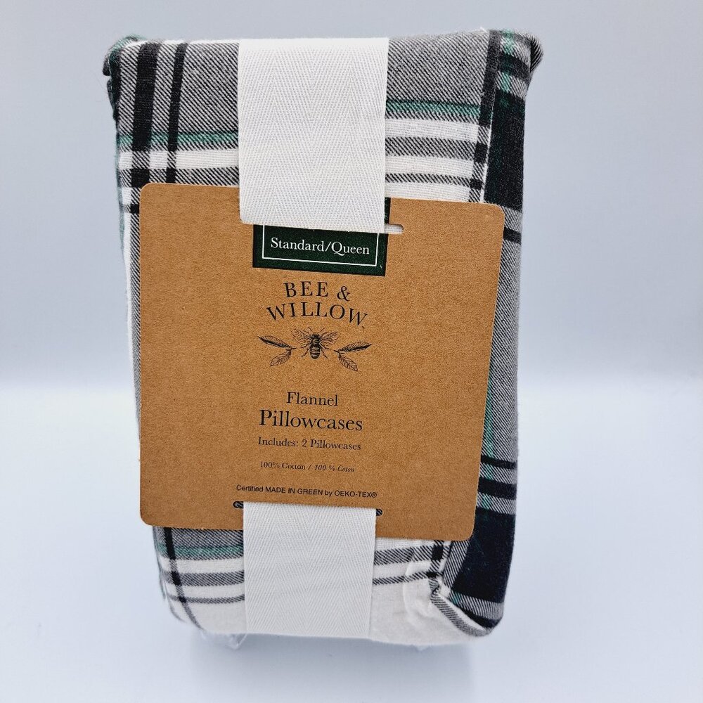 Bee & Willow Flannel Standard Queen Pillowcases 100% Cotton Holiday Winter Plaid